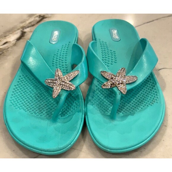 Oka-B Beach/Pool Flip Flops Comfort Flats/Teal/ M/L  8-9 Studded Starfish - Picture 2 of 9